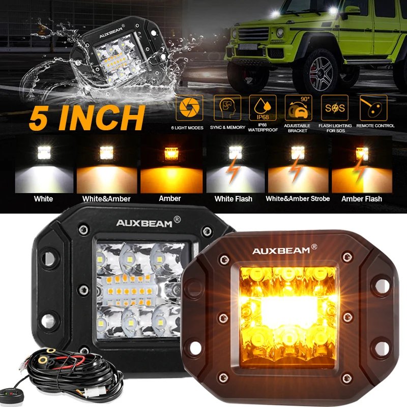 AUXBEAM 5 Inch 72W Embedded LED Work Light Driving Lamp with Harness for Truck Pickup Offroad