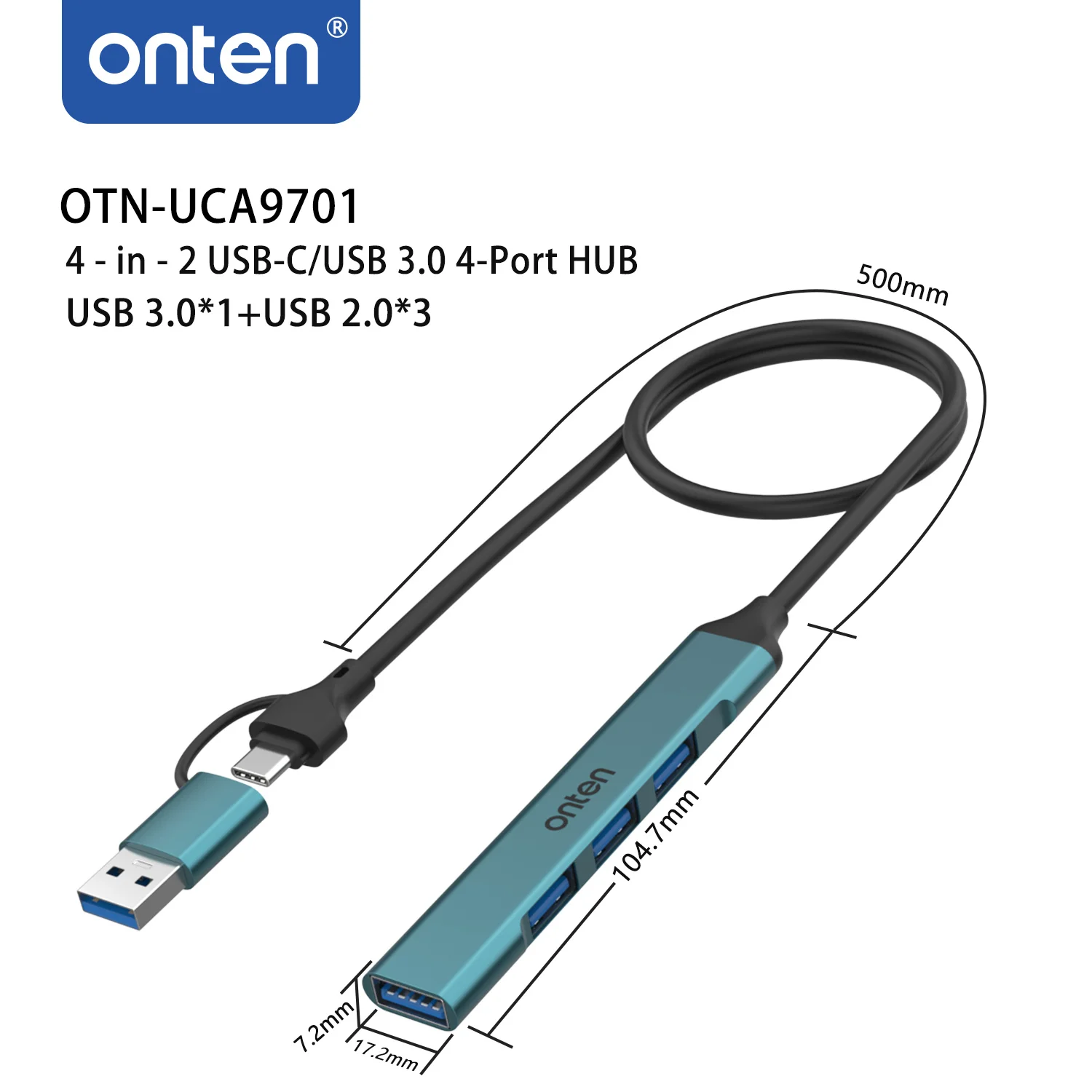 Onten Original OTN-UCA9701 4-in-2 USB-C/USB 3.0 4-Port HUB USB 3.0*1+USB 2.0*3