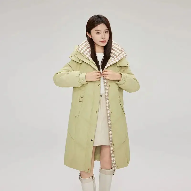 

2025 New Women's Winter Coat Loose Fitting Long Design with Detachable Hood Thickened Cotton Padded Jacket Color Block Outerwear