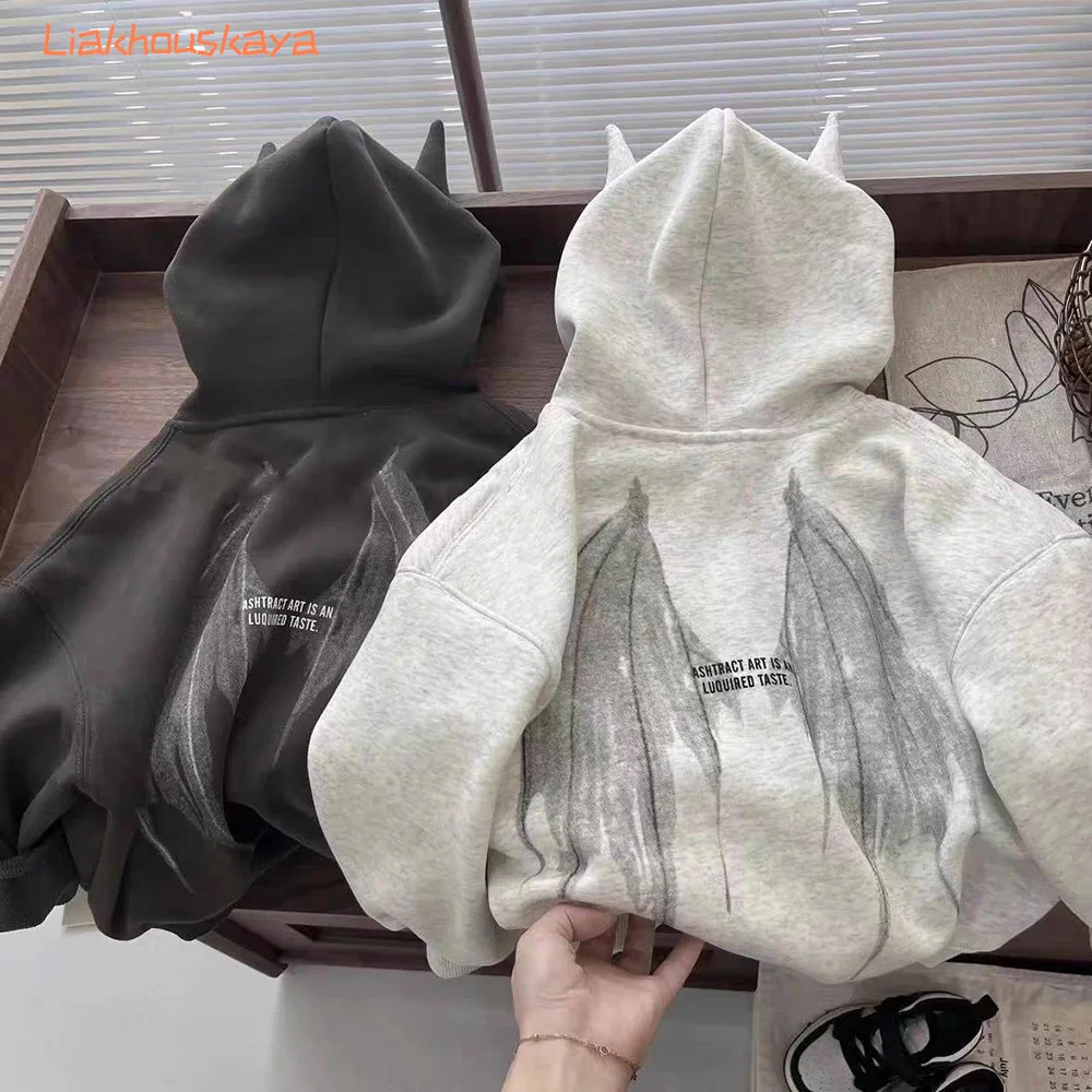 2026 Neu eingetroffen: Kinder-Fleece-Hoodie mit niedlichen Teufelshörnern, 3D-Dekor, koreanischer Stil, warmes Kapuzensweatshirt für Baby Jungen und Mädchen, Oberbekleidung
