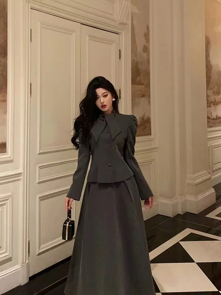 Insozkdg French Socialite High-end Skirt Suits Women Autumn Smoke Gray Jacket High-waist Skirt Two-piece Set High Quality Sweet