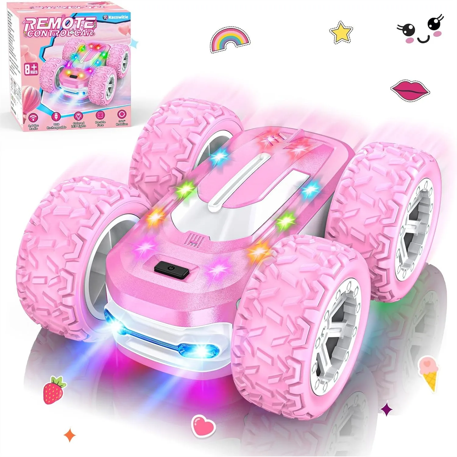 

Pink Remote Control Car For Girls 4-12 Years Old With DIY Sticker And Colored Lights 2.4Ghz 4WD Stunt Car Double Sided 360 Flips Rechargeable Toy