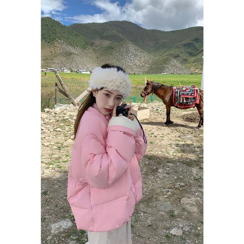 

Pink down Jaet Women's 2025 New Sle Bread Sle Loose Outerwear Winter Warm Faion Korean Sle Polyester Fabric