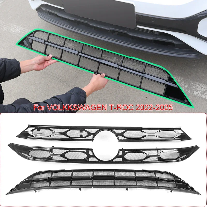 For Volkswagen T-ROC 2022-2025 Car Replace Front Upper Lower Grille  Buckle Insect Proof Net Bumper Center Intake Grille Cover