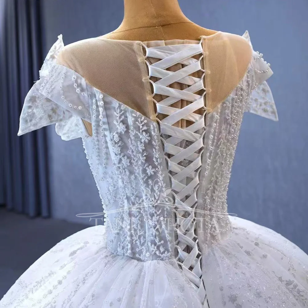 Civil Wedding Dress O-Neck Cap Sleeve Lace-Up Back Beaded Embroidery Customizable Robe De Mariée 2025