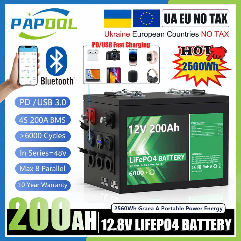 

12V 200Ah 2560Wh LiFePO4 Battery Bluetooth 6000+ Cycles 4S BMS Grade A 24V 100Ah 150Ah lithium Pack For Home Energy EU UA NO TAX