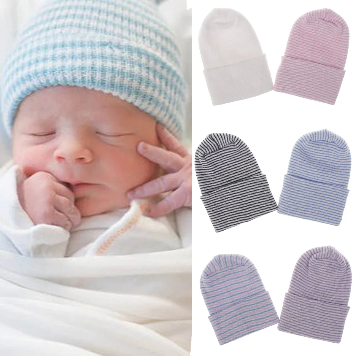 

0-6Months Newborn Knitted Hospital Hat New Born Baby Girls Boys Soft Cotton Beanie Crochet Flanged Warmer Skullcap Bonnet Hat