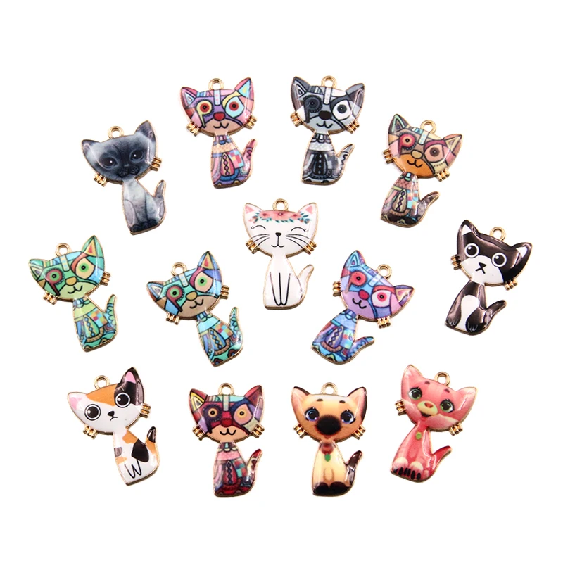 10Pcs 13 Color 17x26MM Alloy Metal Drop Oil Printing Cat Charm Animal Pendant For Enamel DIY Bracelet Necklace Jewelry Making