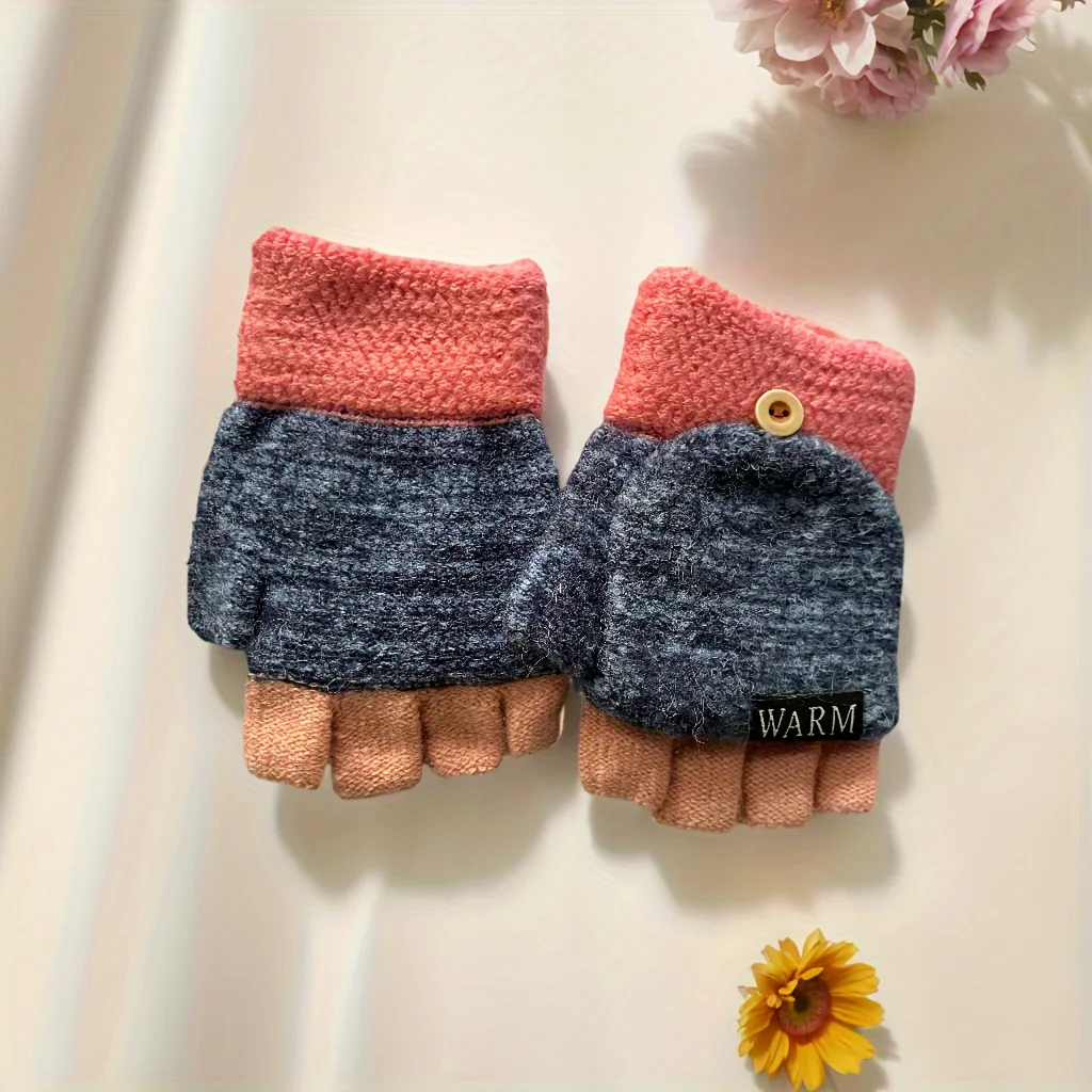 Women's warm cashmere knitted convertible gloves with half finger design, windproof and warm, casual elastic fit, buckle closure