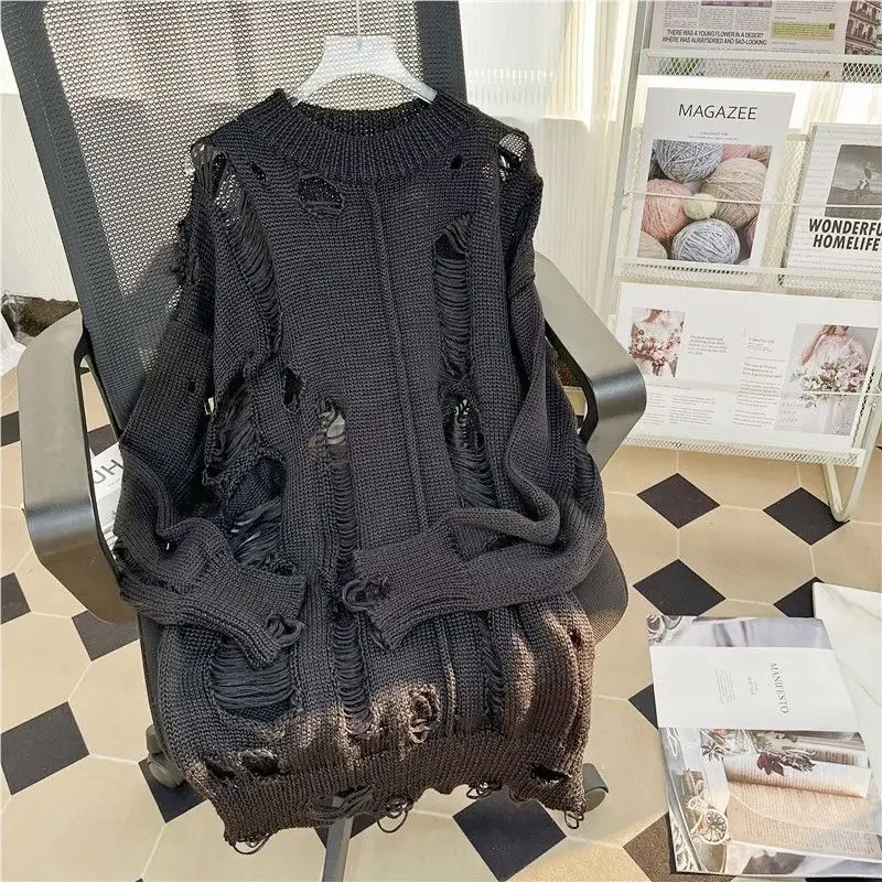 

Autumn Long-sleeved Ripped Beggar Sweater Fashion Solid Hollow Knitted Sweaters Women Loose Causal High Street Tops Male Clothes