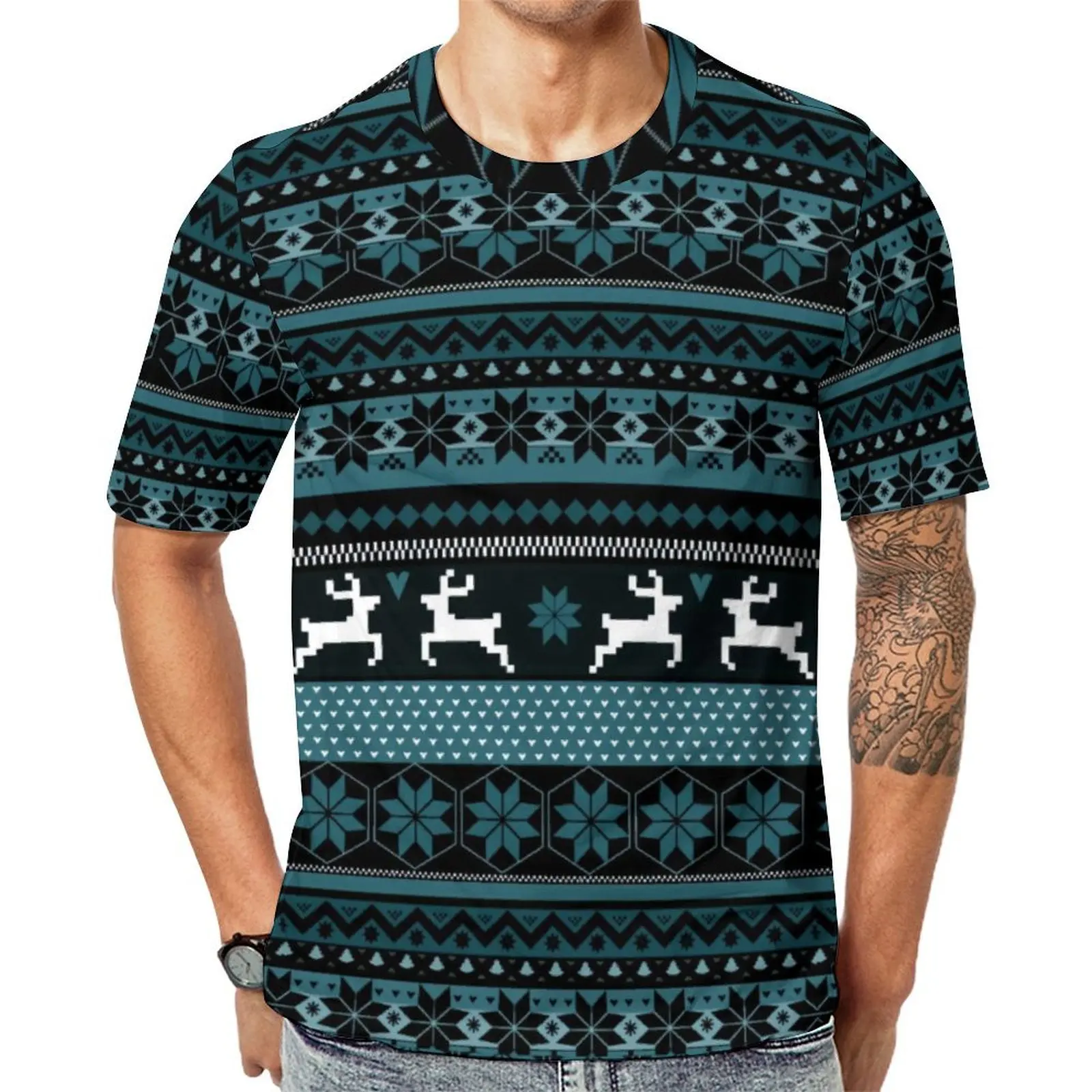 Oversized T-Shirt Premium Christmas Nordic Animal T Shirts Teal Fair Isle Print Classic O Neck Tshirt Couple Harajuku Tees