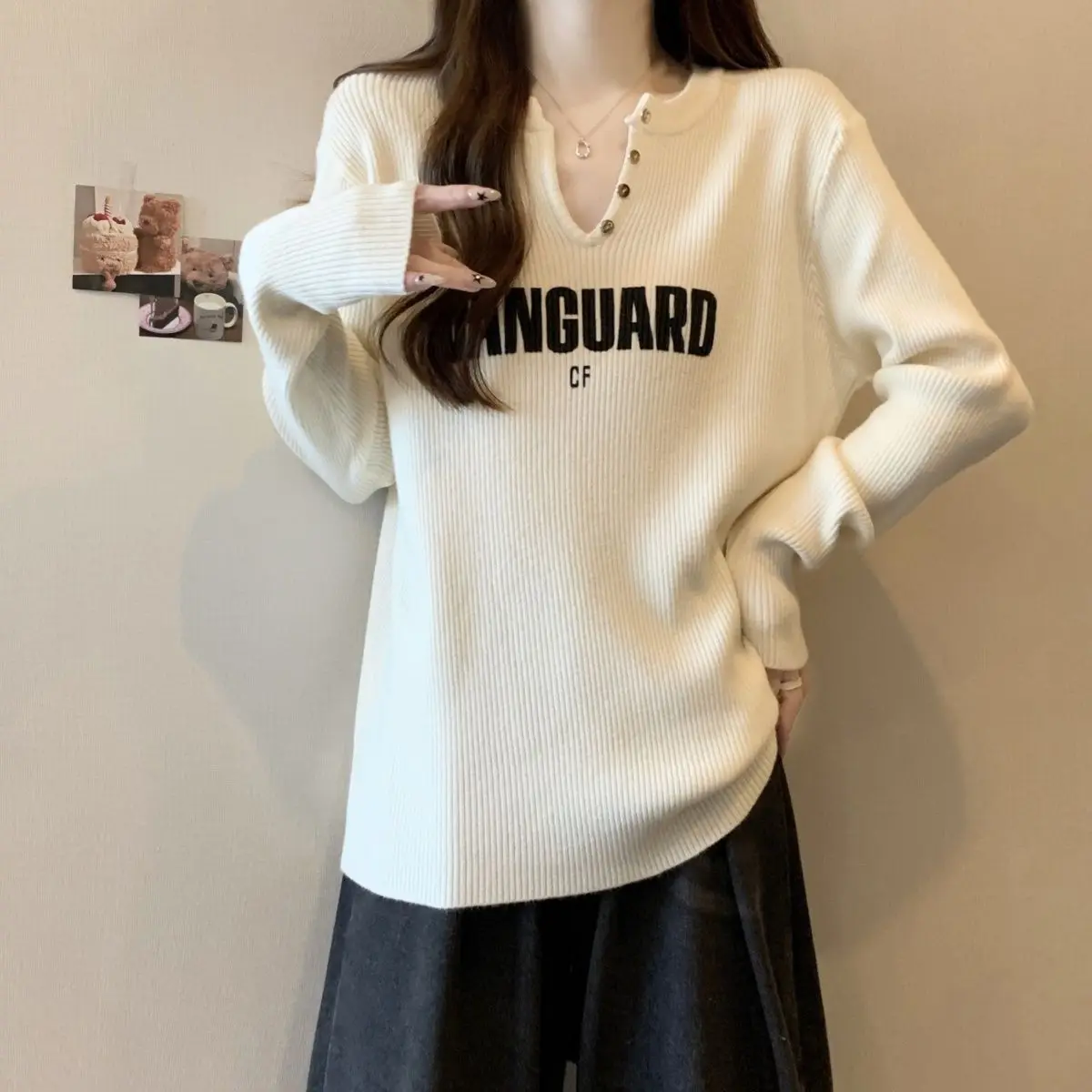 Large size women's clothing spring and autumn new casual loose and thin letter printing thickened pit strip V-neck T-shirt