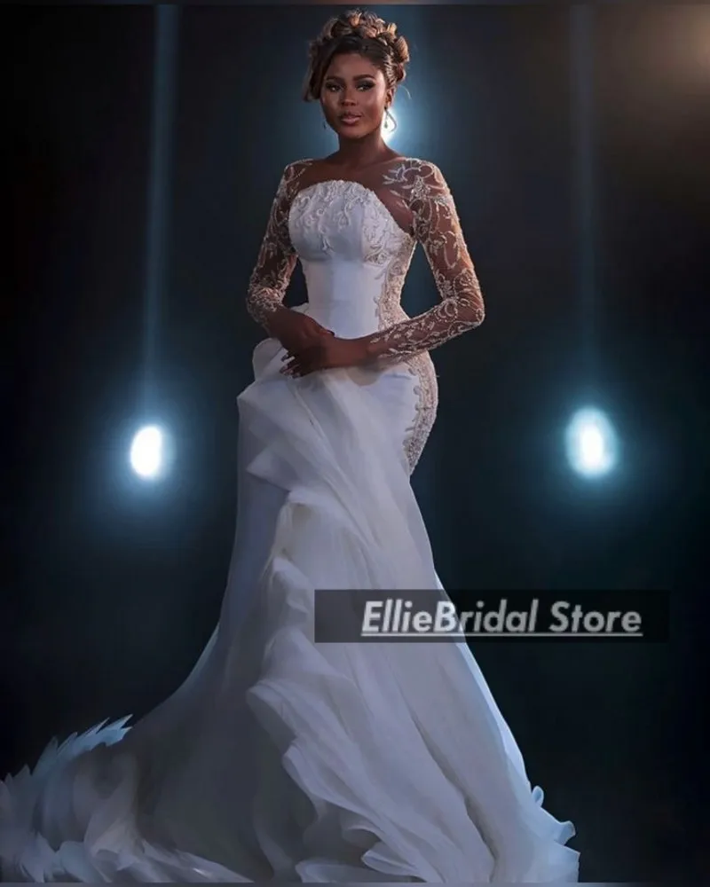 Design Mermaid Wedding Dresses Long Sleeves Pleats Sheer Neck Aso Ebi Bridal Gowns Ruffles Dubai vestido de novia Customized