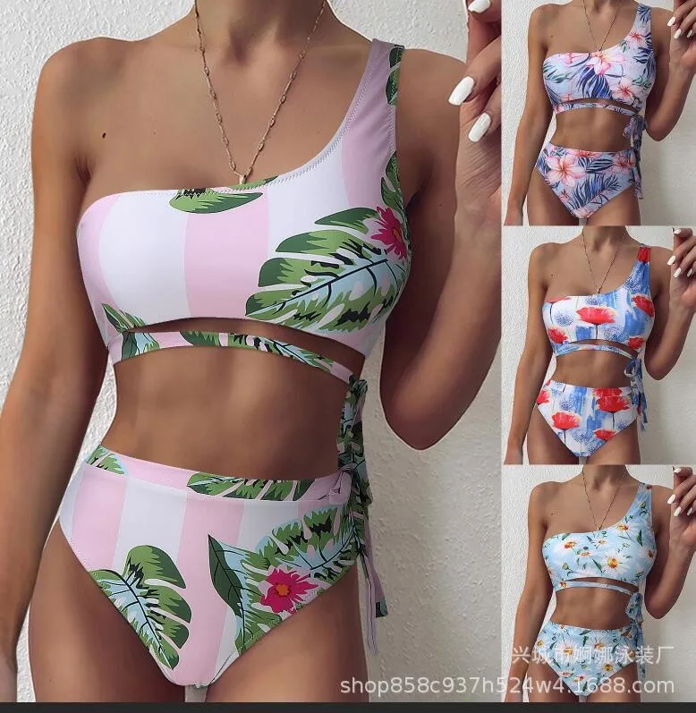 Woman 2026 Bikini Asymmetrical Top Bikinis Floral Print High Waisted Brief Swimwear Pink White Blue Two Piece Swimsuit Sets For