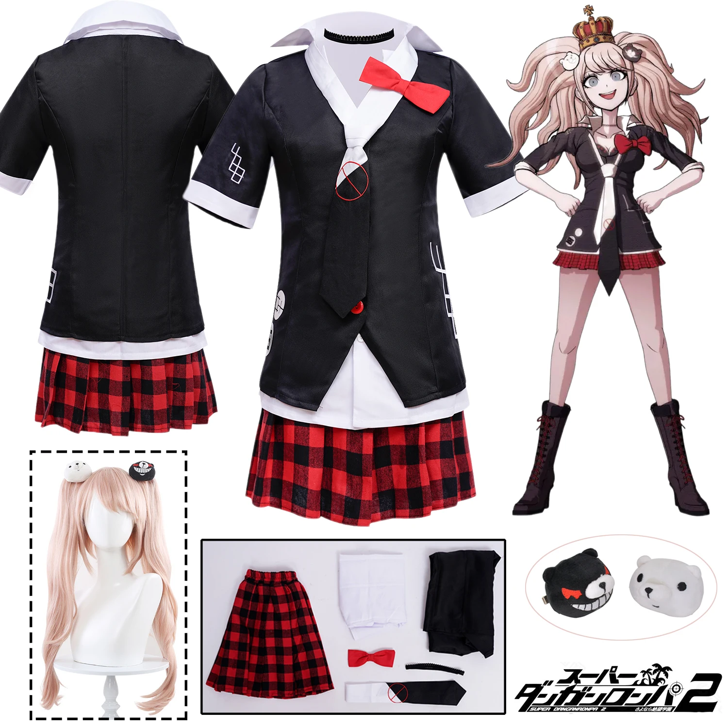 

Anime Junko Enoshima Cosplay Costume Wig Game Danganronpa JK Uniform Full Set Cafe Work Clothes Double Tail Braid Wig Outfits