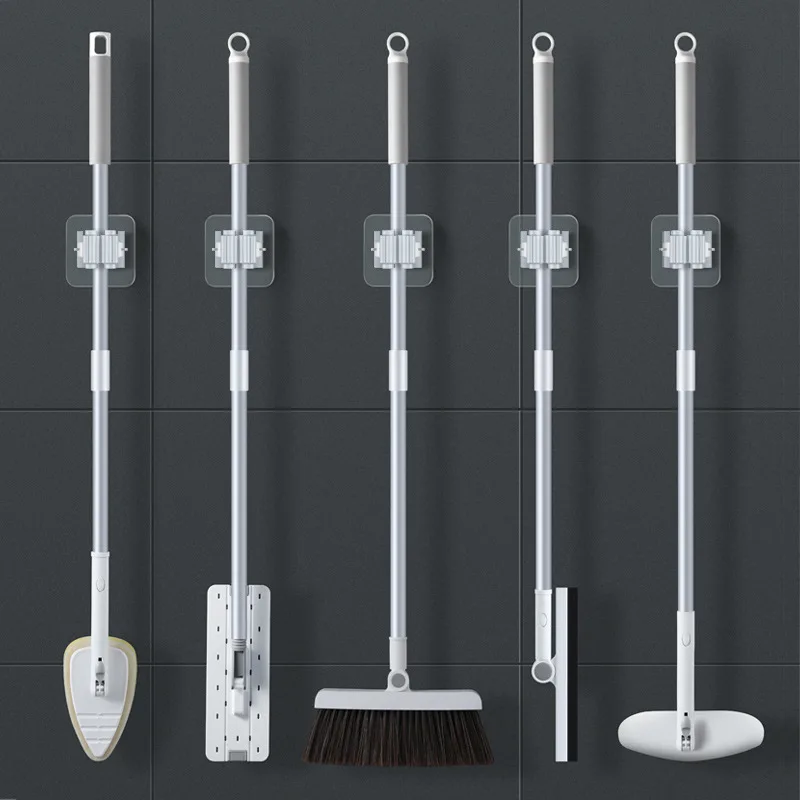 2PCS Home Storage Rack Bathroom Suction Hanging Pipe Traceless Hooks Wall Mounted Mop Organizer Holder Waterproof Broom Hanger