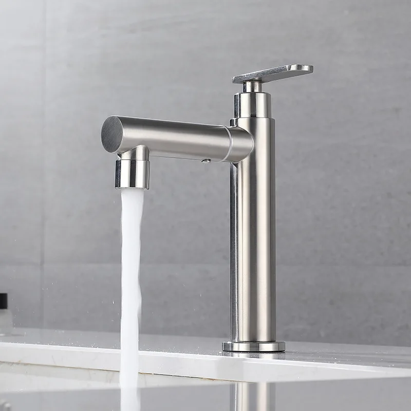 Nickel/Black 304 Stainless Steel Washbasin Faucet Deck Mounted Single Cold Water Bathroom Sink Tap Crane