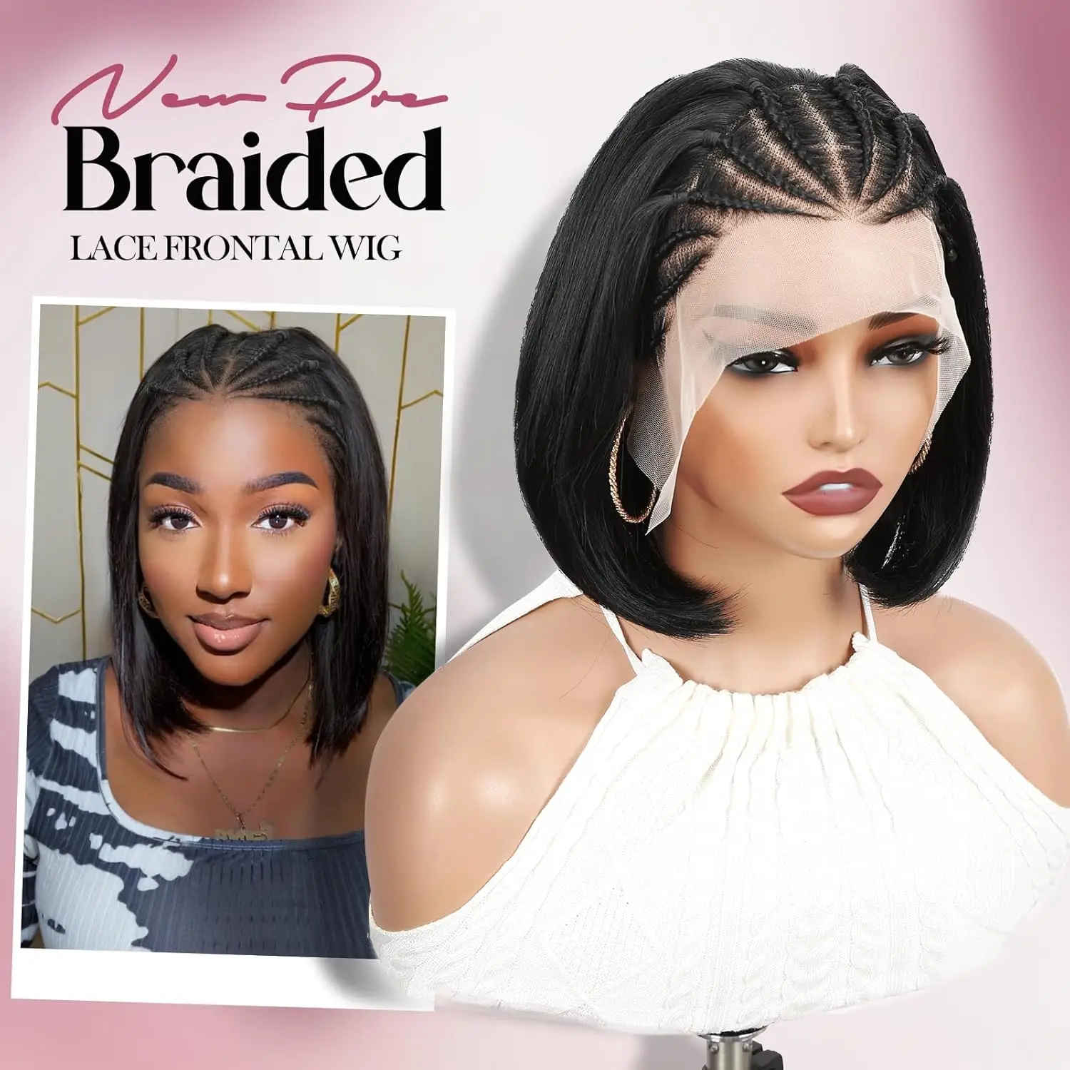 Wig Rambut Bob Manusia Renda Depan Transparan HD 13X4 Wig Tanpa Lem 18 Inci Hitam Alami Wig Keriting Rambut Manusia Wig Kepang