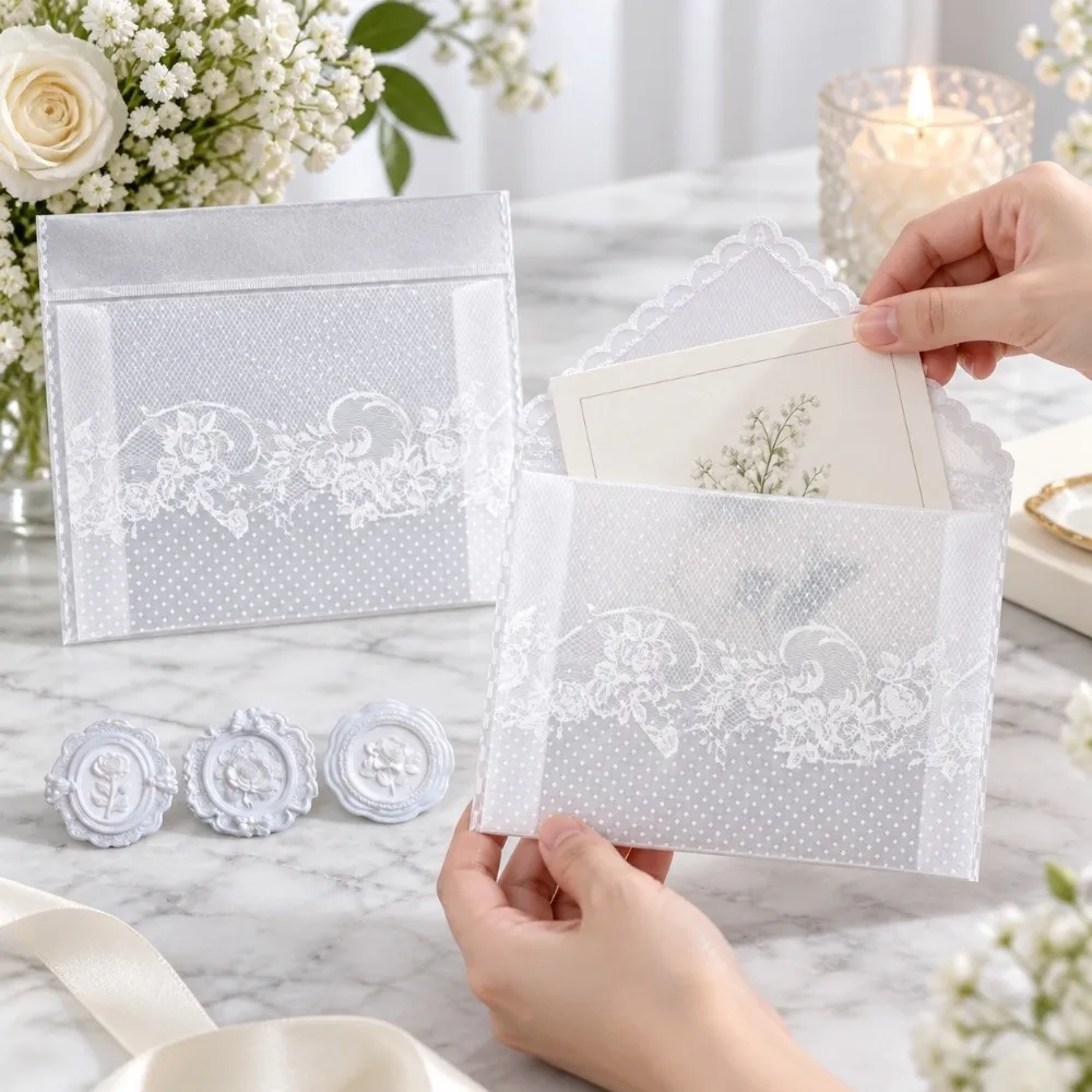 4pcs Per Set Lace Paper Envelope Hollow Paper Material Postcard Storage Bag Transparent Lace Wedding Invitation Envelopes