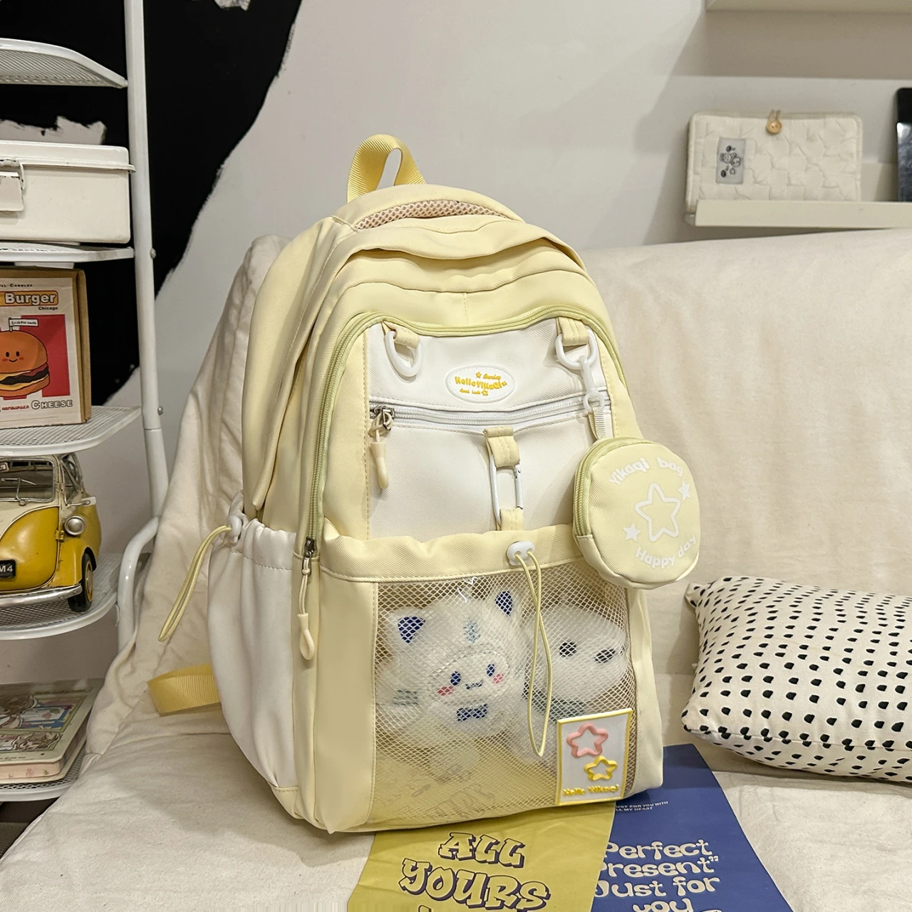 

2025 New Kawaii Nylon Backpack for Girls Mesh Pocket Star Decor School Bag with Mini Pouch Cute Cartoon Travel Ita Backpack