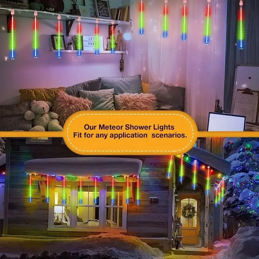 1pc Solar 30cm Meteor Rain String Lights Meteor Shower 8 Tubes 192LEDs,Waterproof Falling Raindrop Fairy Lights