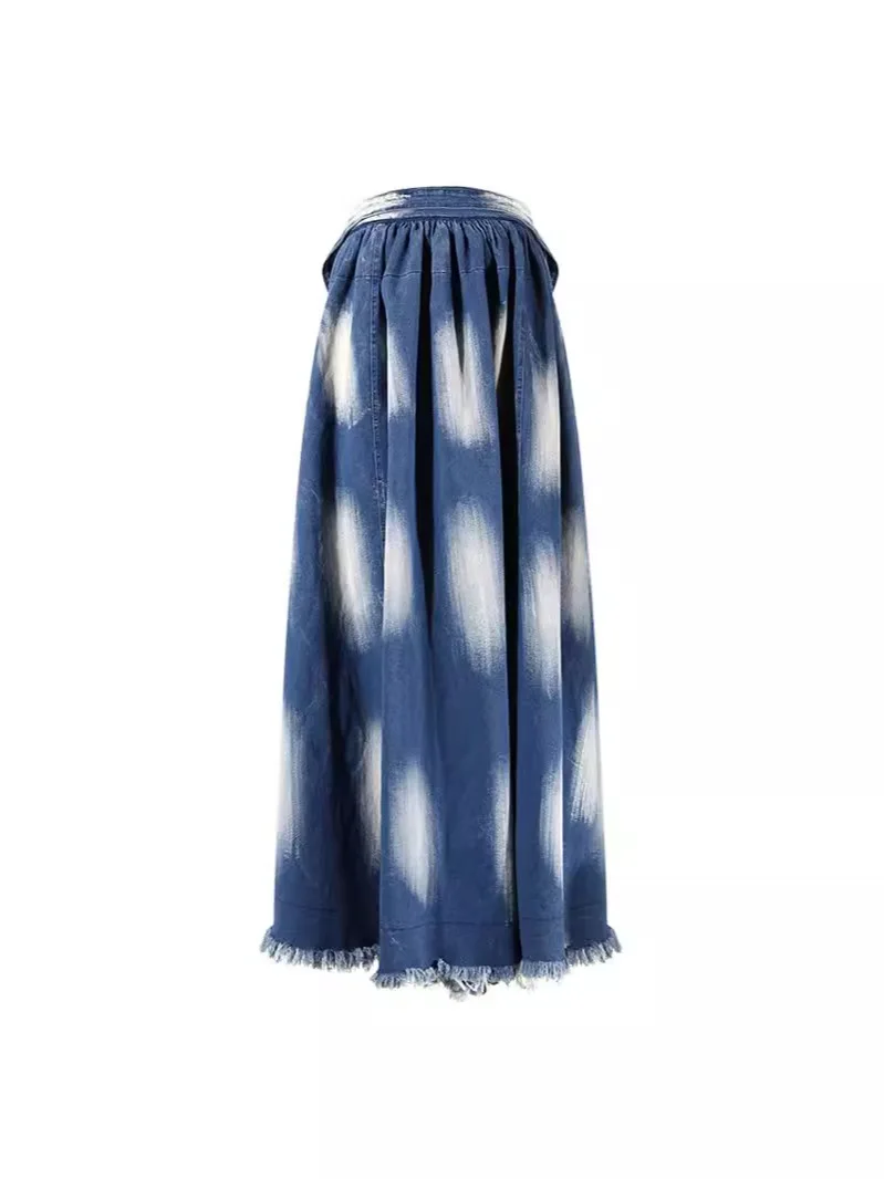 GetSpring Women Skirt 2024 Spring Summer Tie Dye Tassel Denim Skirt Fashion High Waist Bandage Loose Casual Long Jean Skirts New