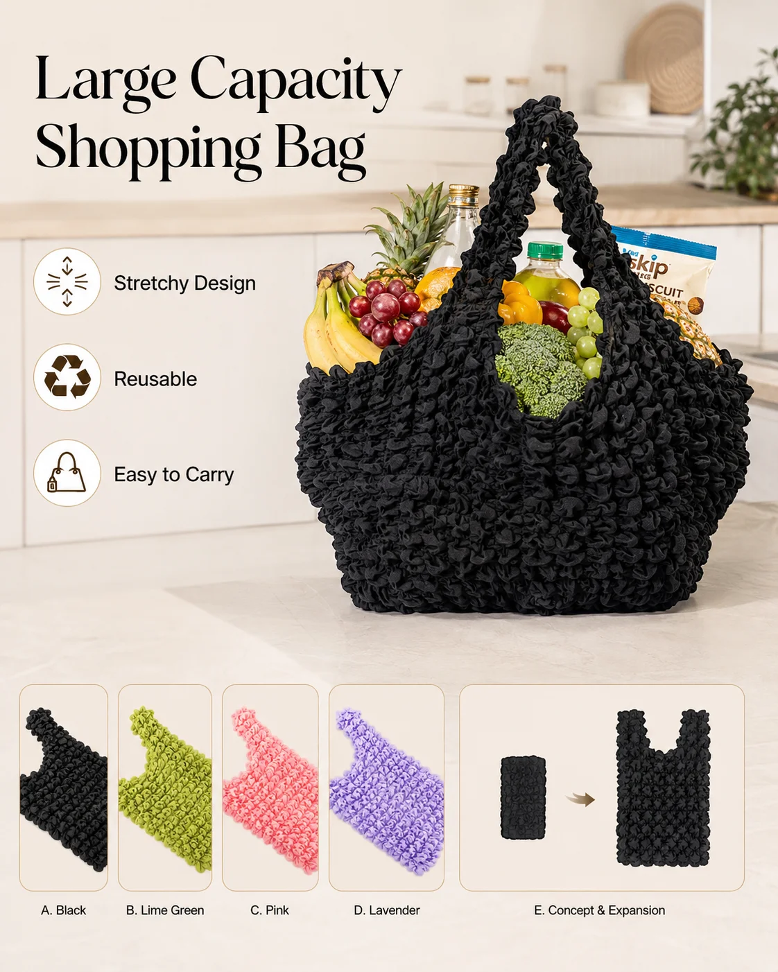 Creative Bubble Stretch Bag Large Capacity Flower Pleated Flexible Shopping Bag Multi Purpose Handheld Foldable Storage Bag