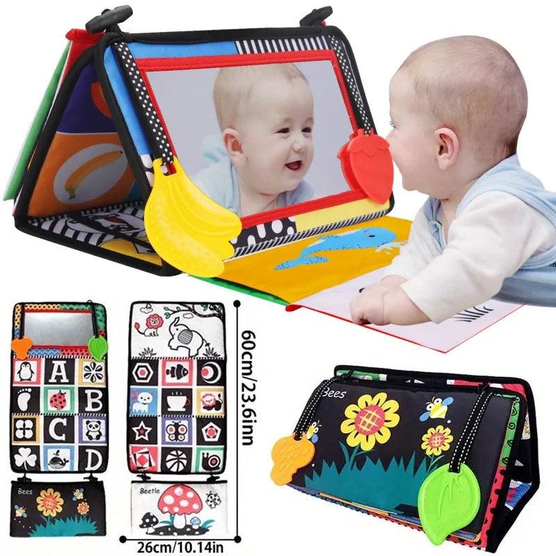 Newborn Tummy Time Mirror Toys 6 12 Months Brain Developmental Baby Mirror Cloth Book High Contrast Black and White Sensory Toys