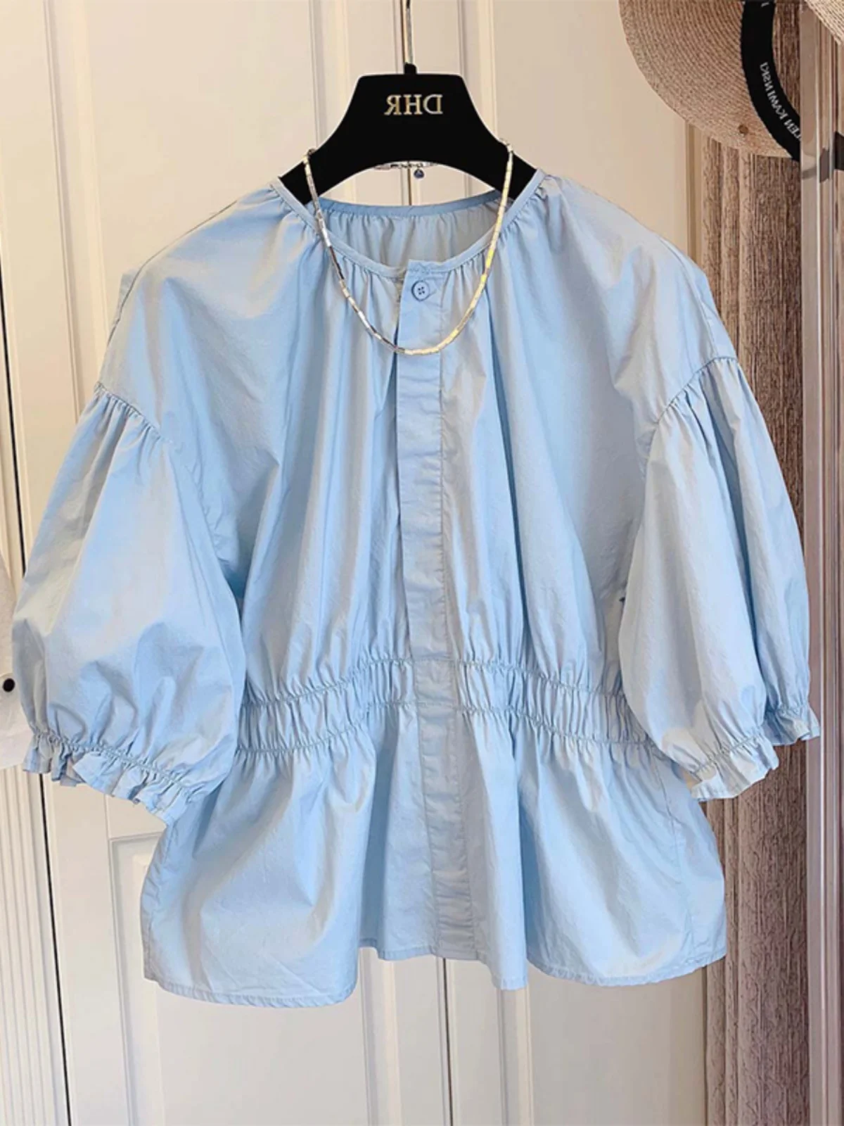 

Korean Sle Blue Bubble Sve round Ne ort Sve irt Women Summer Design Slimming Pleated Waist Cinched irt