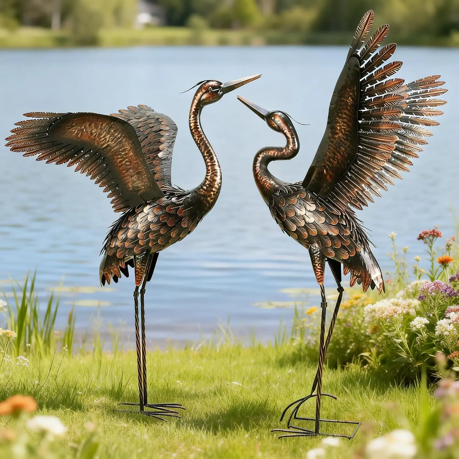 Outdoor Metal Heron Statues Pair Garden Yard Crane Sculpture 46 Inch