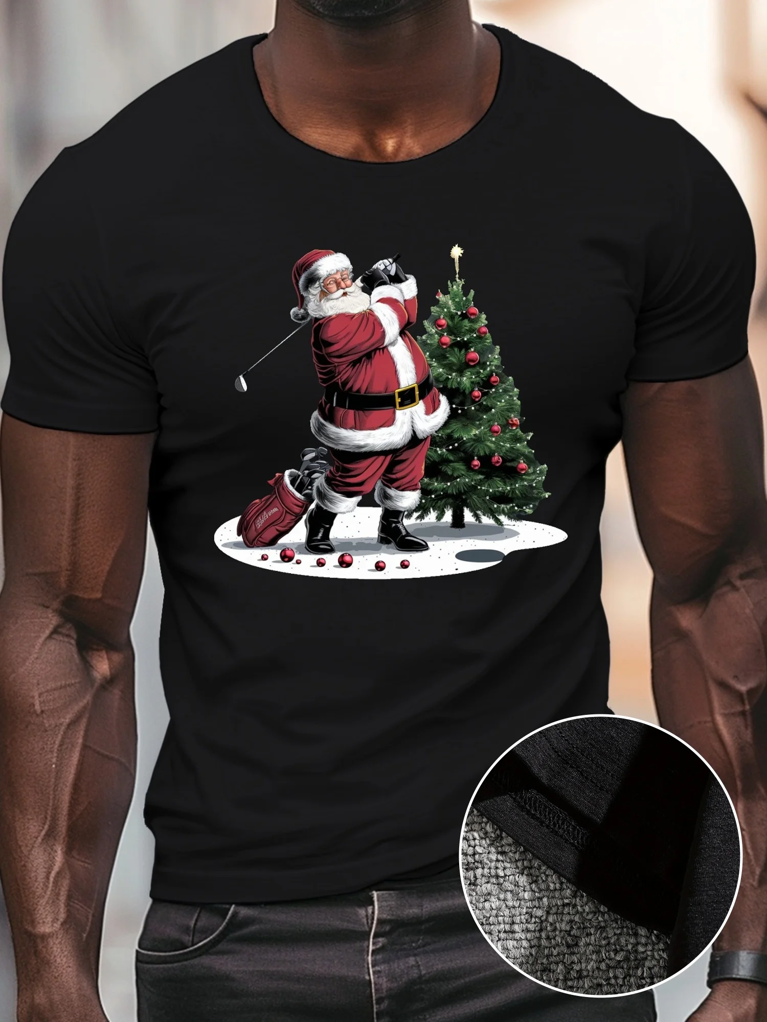 

Men's Santa Playing Golf Graphic Tee - Casual Crew Neck Short Sleeve, Lightweight Polyester Summer Shirt, Machine Washable