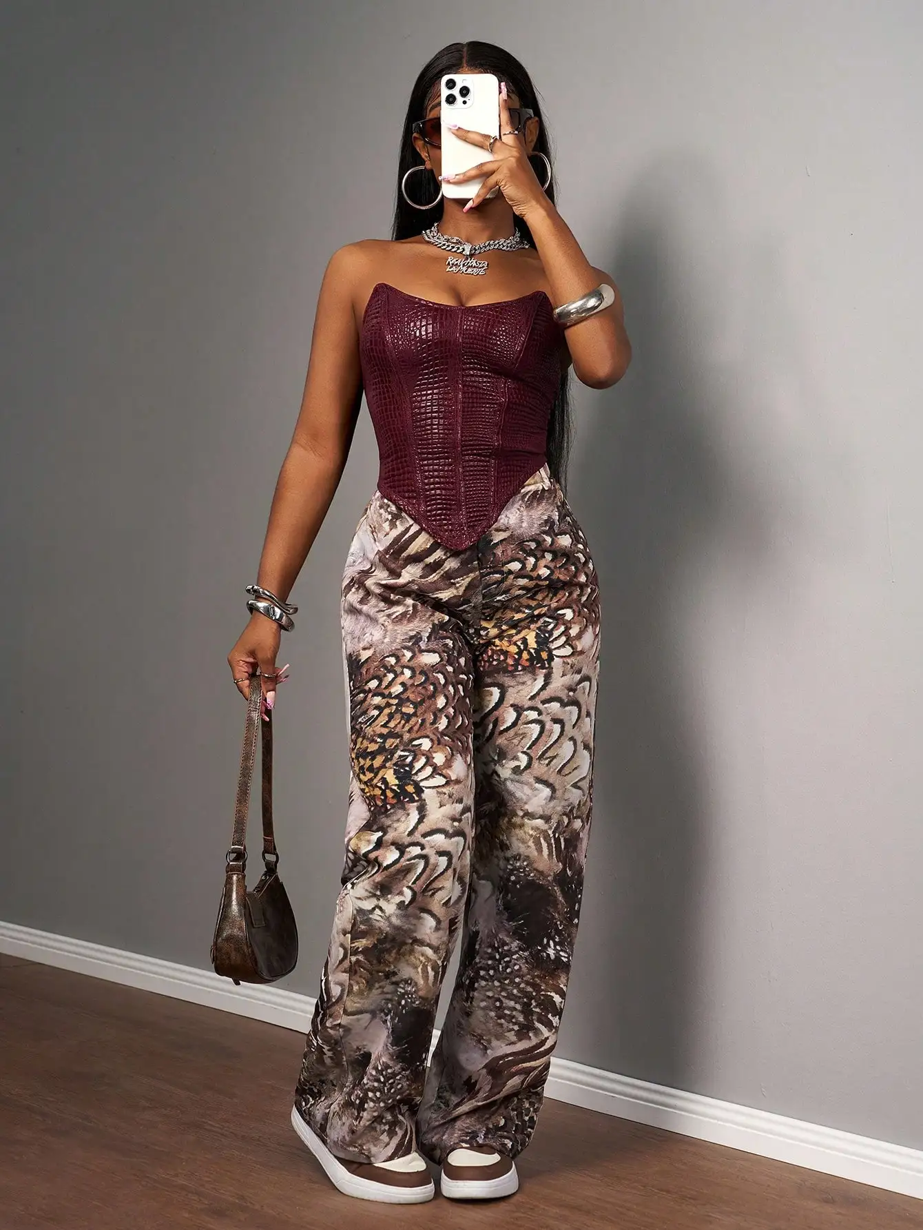 Wijnrode PU corsettop & wijde broek met print, dames 2-delige set voor feest, rave, Halloween