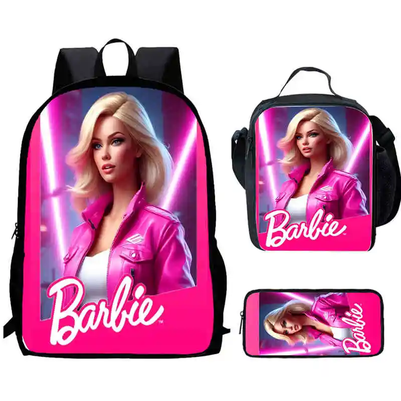 Cartoon Barbie Girl Child School Backpack With Lunch Bags Pencil Bags For Kindergarten,Best Gift For Boys and Girls