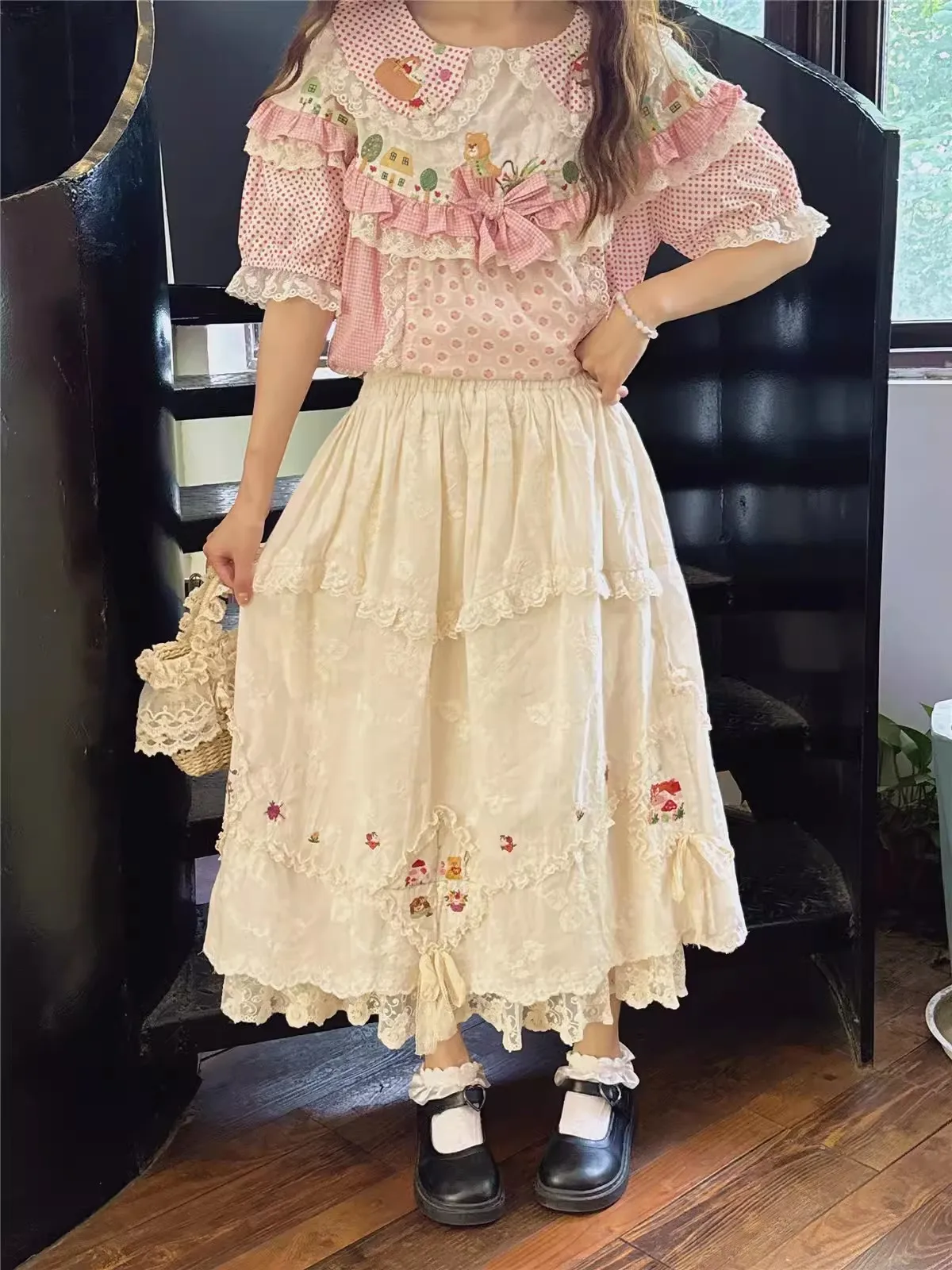 Japanese Lolita Style Cotton Linen Skirt Women Vintage Embroidery Lace Ruffled Kawaii Midi Pleated Skirt New Casual A-line Skirt