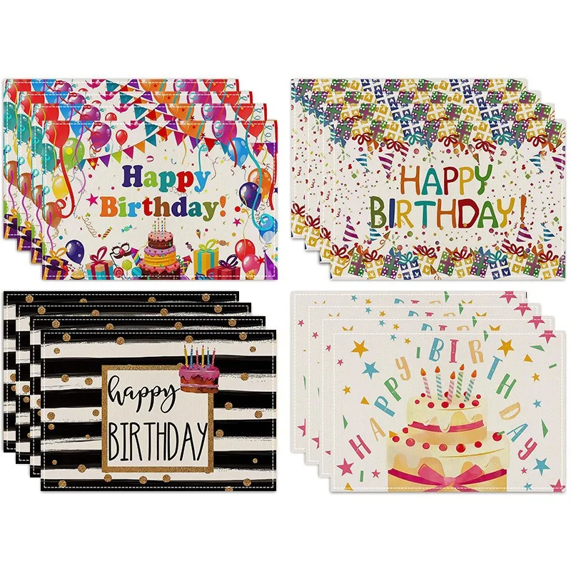 Birthday Placemat Cartoon Colorful Happy Birthday Cake Gift Box Balloon Stars Flowers Party Decorations Placemats for Table Mat