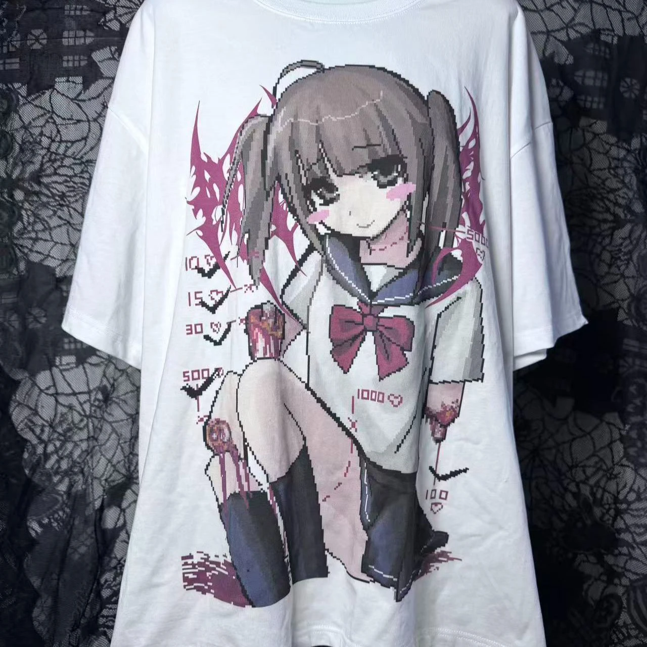 Dark Kawaii Pixel Tee 8bit Twin Tail Sailor Anime Girl Pink Flame Heart Stats Graphic Ins Trendy Unisex Cotton Oversized  Tshirt