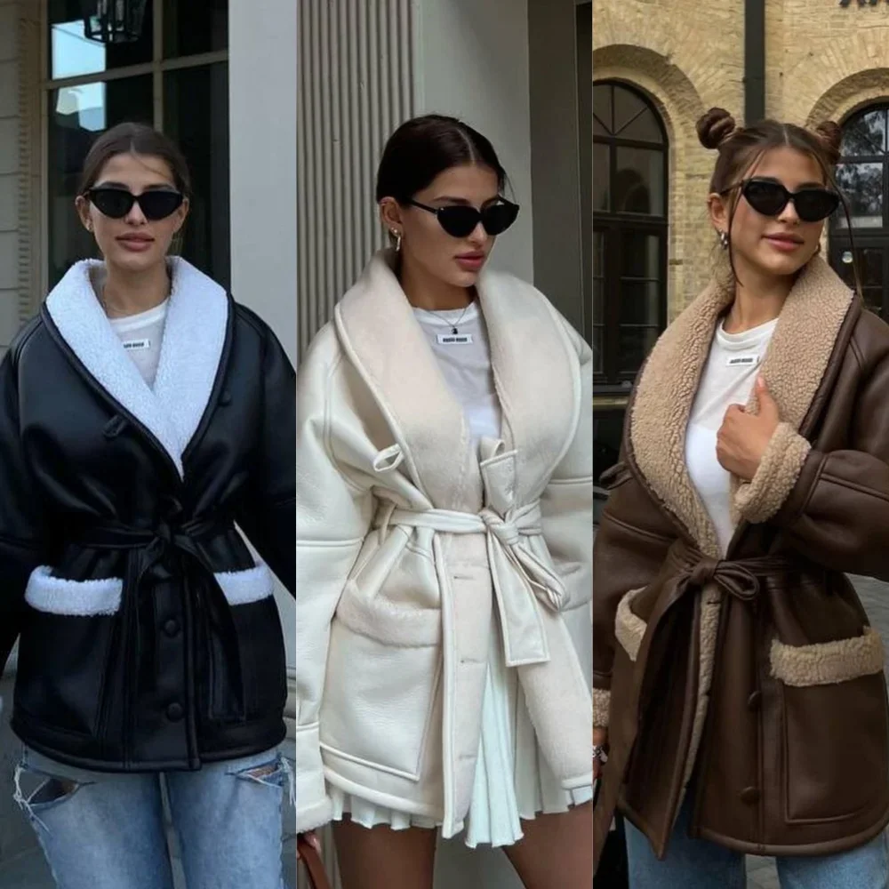 

Модная теплая меховая кожаная женская куртка с поясом, шикарное мотоциклетное пальто с лацканами и длинными рукавами, женская зимняя уличная верхняя одежда 2024 г.
