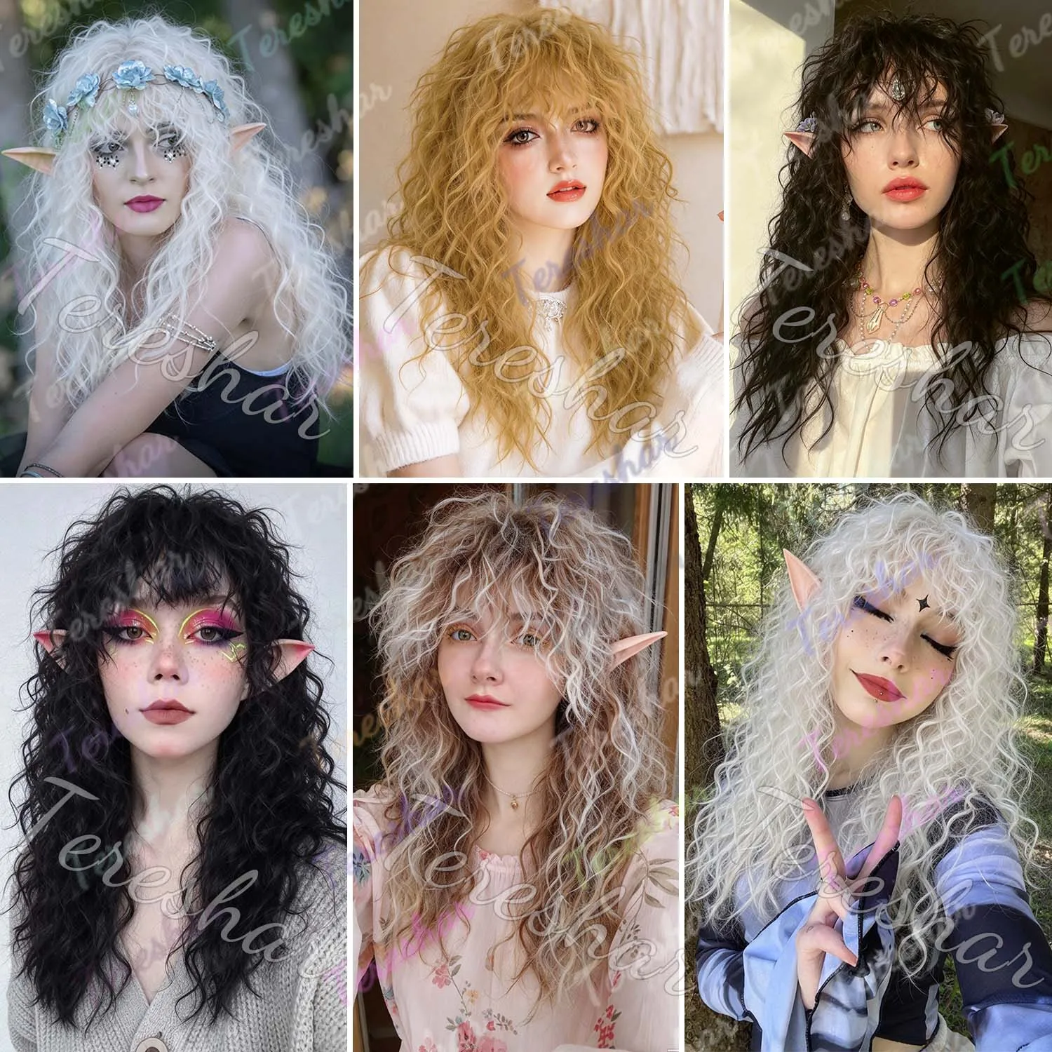 Synthetic White Long Curly Elf Wig+Elf Ears, Multi Colored Wavy Wig with Bangs for Women, Anime Wig for Cosplay Halloween Party