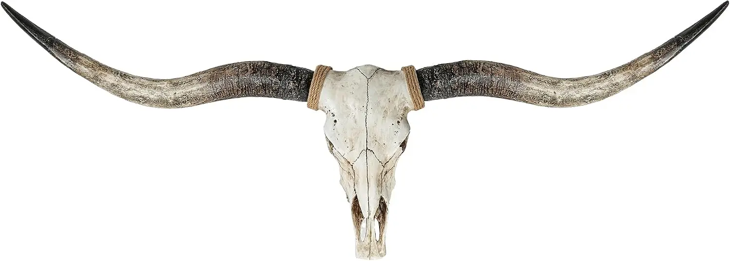 70-Inch Faux Taxidermy Longhorn Skull Wall Sculpture, Cow Skull Wall Decor, Handmade Farmhouse Animal Head Art for Home Office, Brown and Black