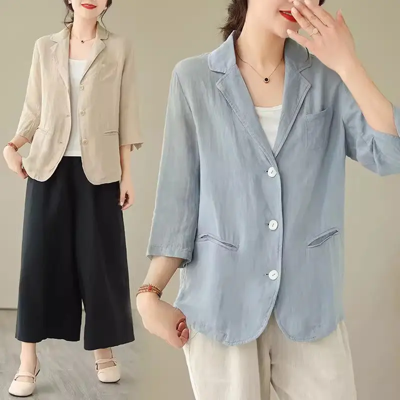 2024 Spring/Summer Jacket Blazer Retro Style 3/4 Sleeved Casual Coat Loose Art Cotton Linen Clothes Women\'s Tops K793