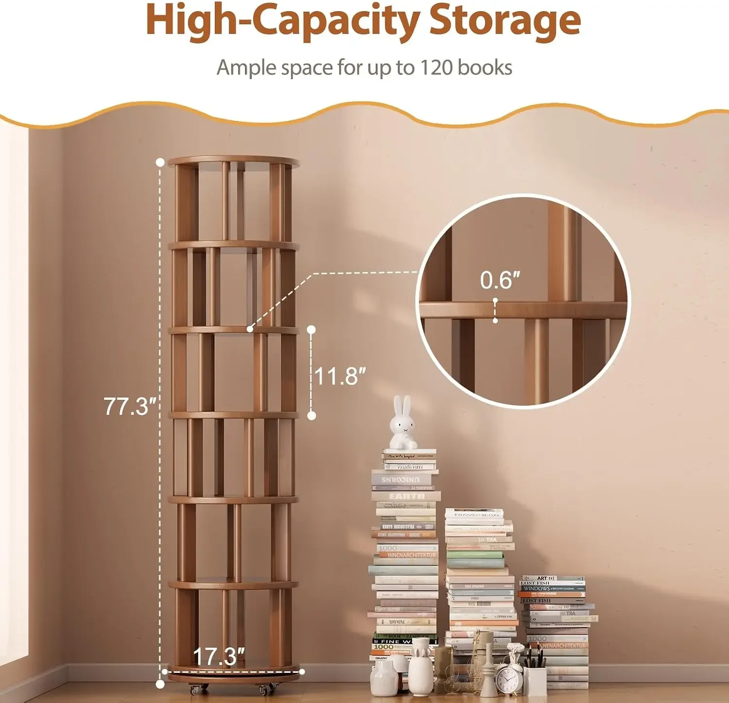 6 Tier Rotating Bookshelf Tower, Solid Wood Bookshelf on Wheels, Circular Book Shelf Rotating, Revolving Bookcase for Small Spac