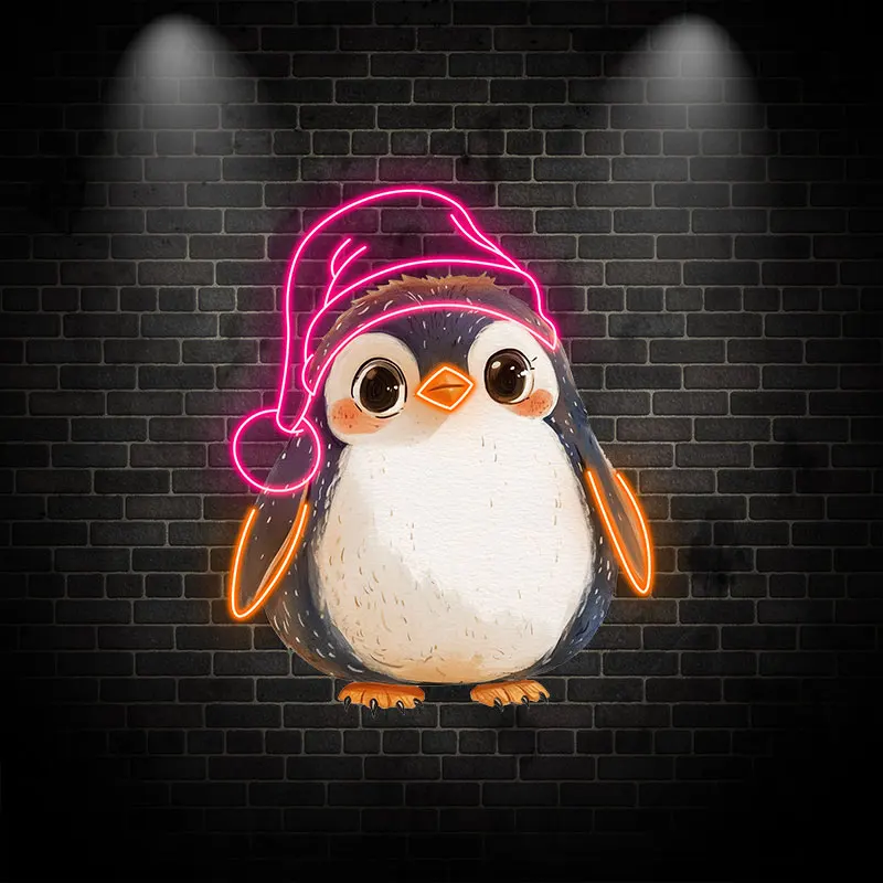 Adorable Baby Penguin Neon Light Sign - Cute Design with Santa Hat, Perfect for Christmas, Kids' Rooms and Festive Winter Decor