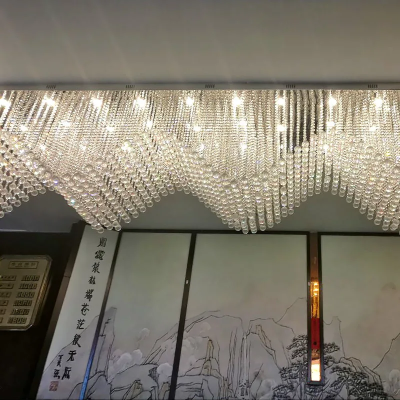 Rectangular Wave Crystal Chandelier Hotel Lobby Villa Club Lobby Restaurant Project Ceiling Lighting Customized