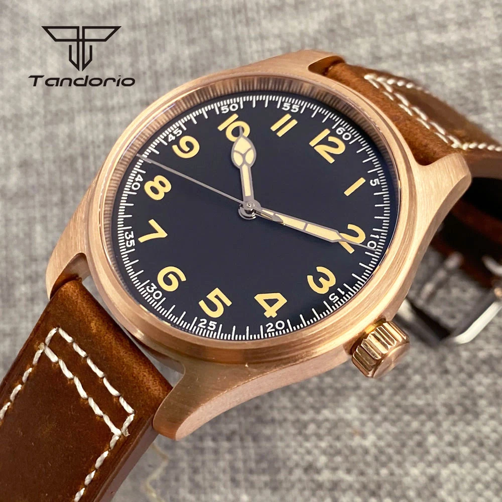 Tandorio Mechanical Real Bronze Cusn8 39mm Pilot Diving 20ATM Automatic Watch for Men AR Sapphire Crystal NH35A PT5000 Luminous