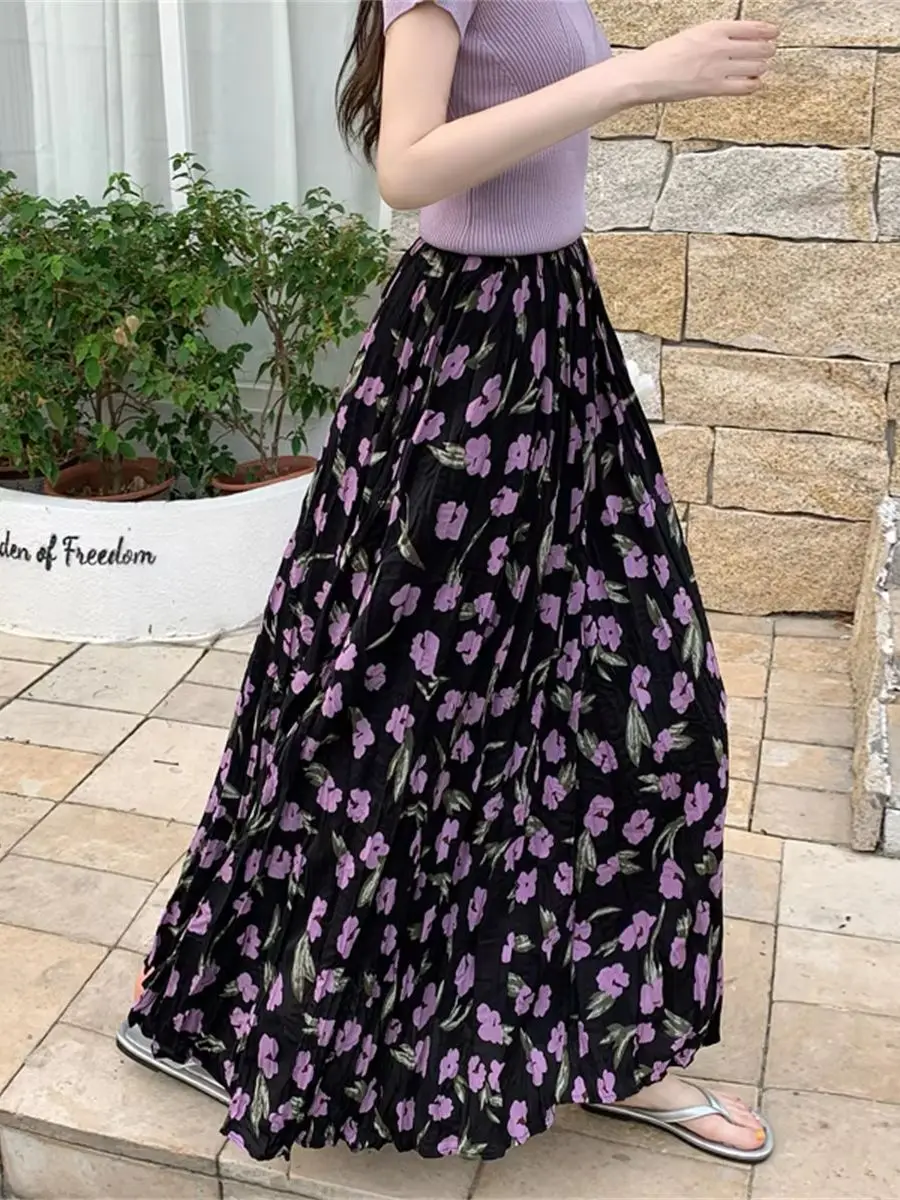 2026 Summer Purple Floral Print Long Skirt For Women Vacation Style High-Waisted Pleated Midi Skirts