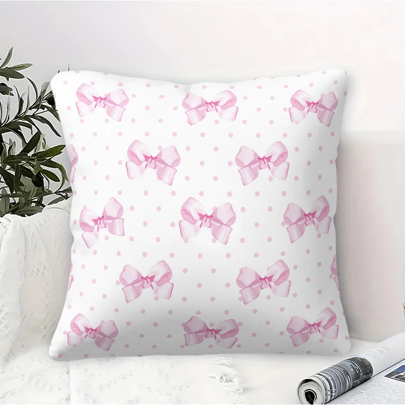 Sweet Square Throw Pillow(With Pillow Insert),Cute Pink Bow Polka Dot Print,Romantic Ballet Style Cushion For Living Room &Sofa