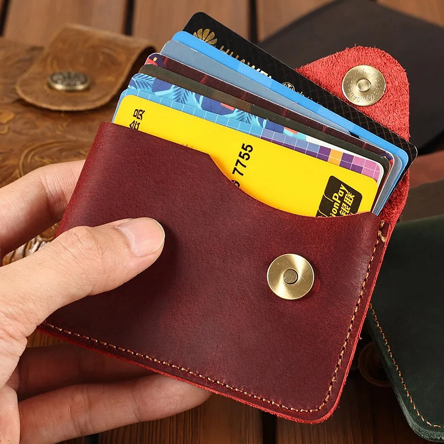 

New handmade simple cowhide card cover creative small snap button change bag mad horse leather Japanese retro card bag fashion a