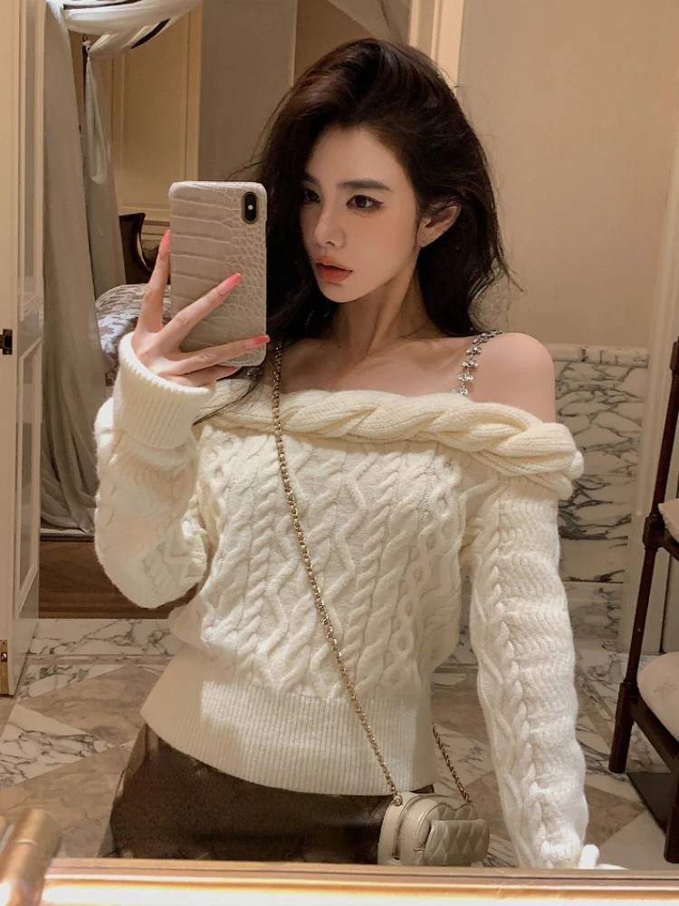 

2023 Autumn Sexy Knitted Sweater Women Outwear Casual Long Sleeve Bodycon Elegant Pullovers Korean Fashion Office Lady Blouse