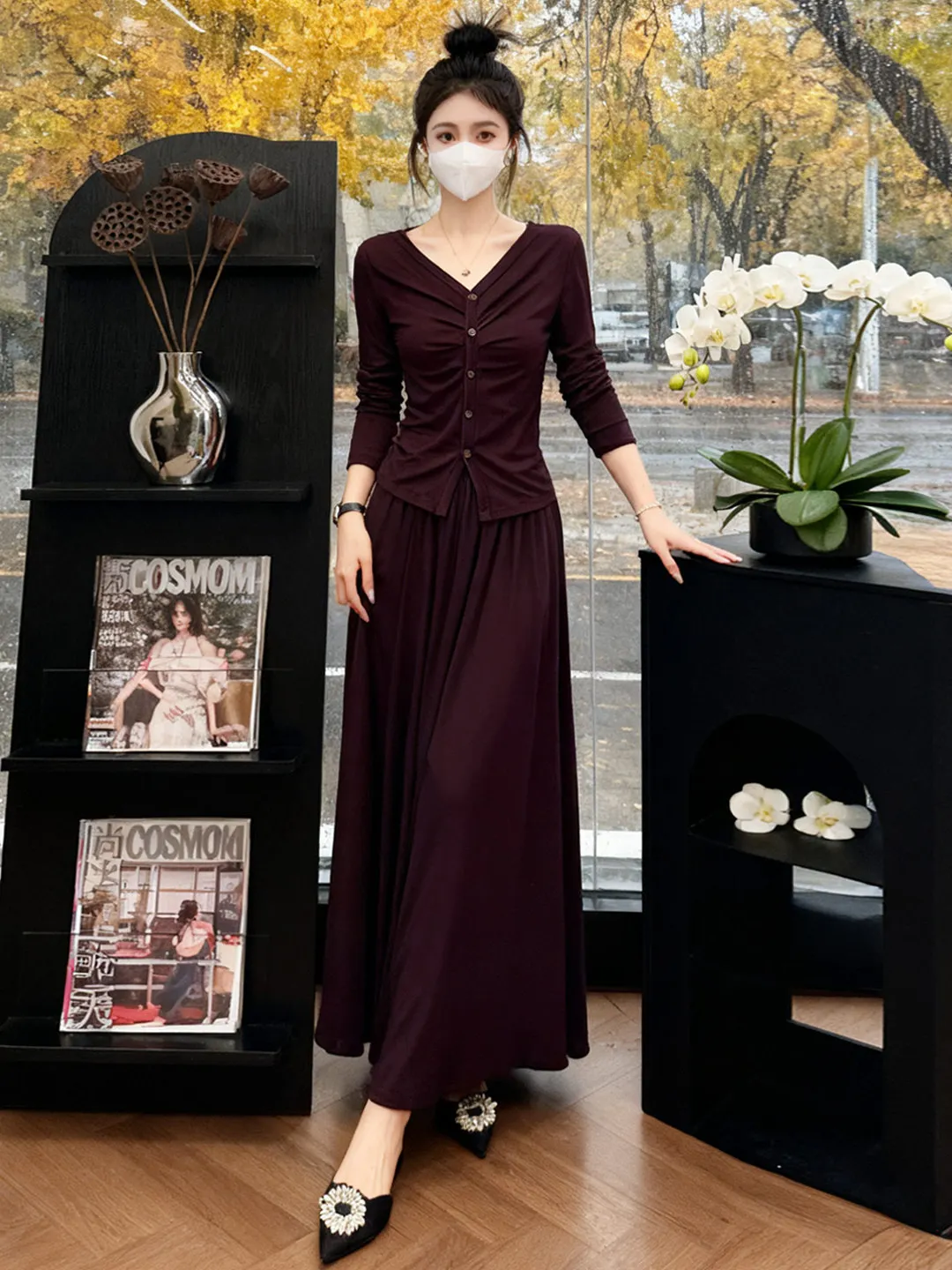 

Fashionable Slimming V-Neck Top And High-Waisted Skirt Set Women's Spring Season Breathable Medium Thickness Long Sleeve Two-...