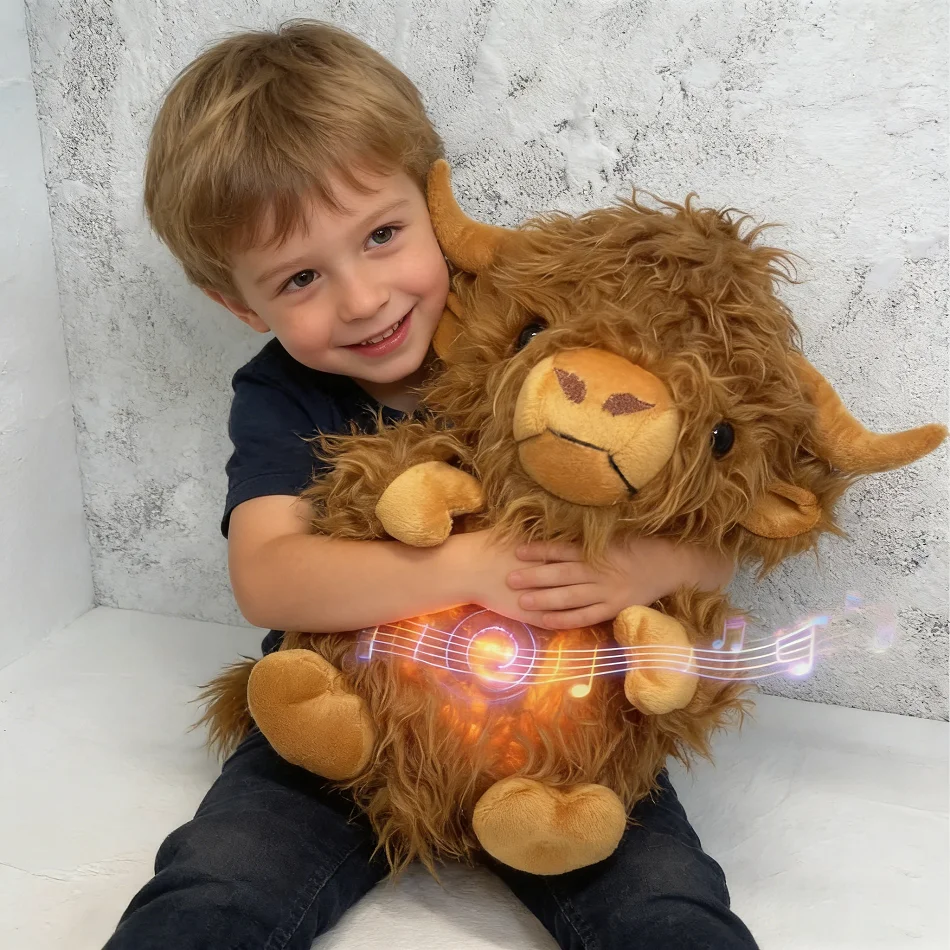 

New Breathing Highland Cow Baby Animals Plush Toy Kids Plush Doll Baby Sleep Companion Sound and Light Doll Toy with Hug Stuffed
